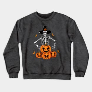 Skeleton with Top Hat and Pumpkins Crewneck Sweatshirt